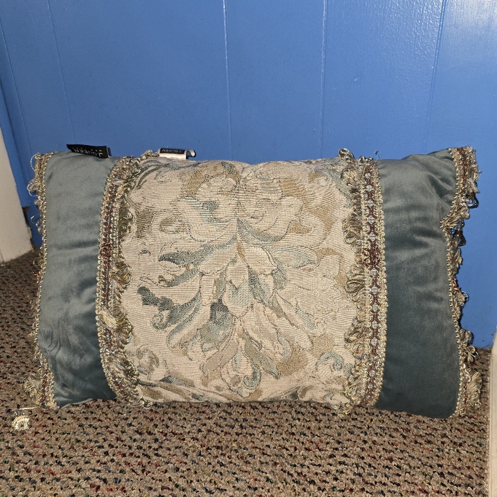J. Queen New York Rectangular Decorative Pillow Blue Embroidered Floral Crystals